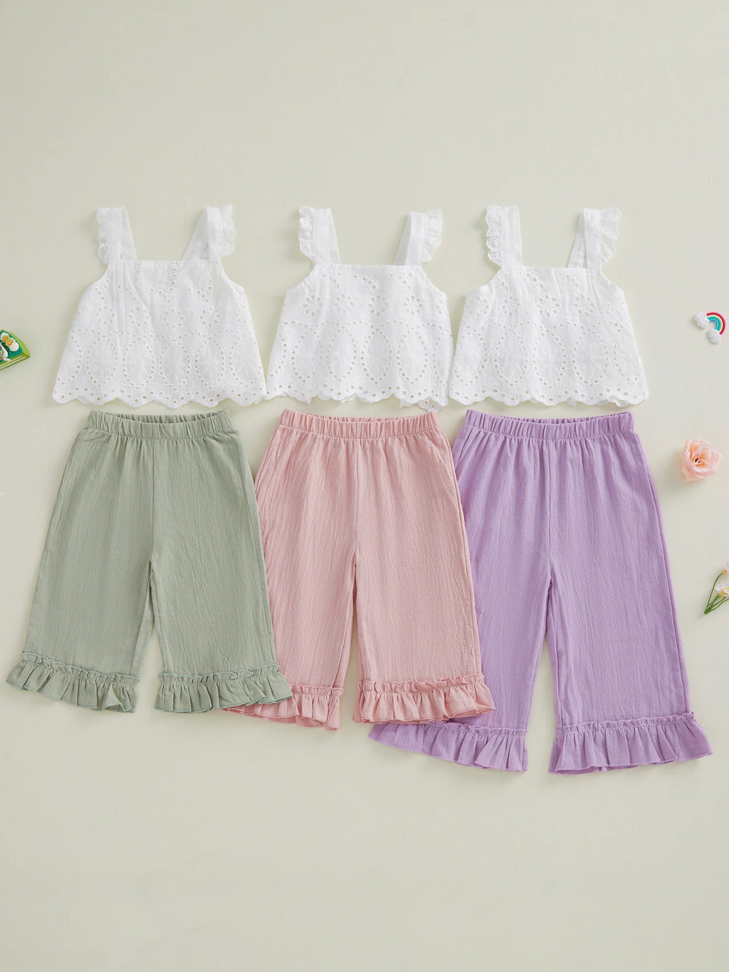 Adorable Baby Girls Summer Outfit Comfortable Cotton Blend Sleeveless Top and Elastic Waist Pants 2 Piece Set with Bow Detail