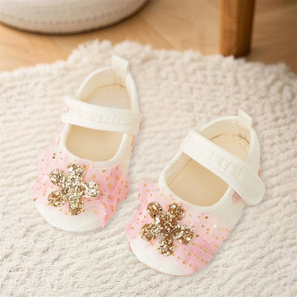 Infant Sparkly Sequin Mary Jane Shoes with Soft Sole for Baby Girls Cute Flower Crib Shoes for Parties Festivals and Baby