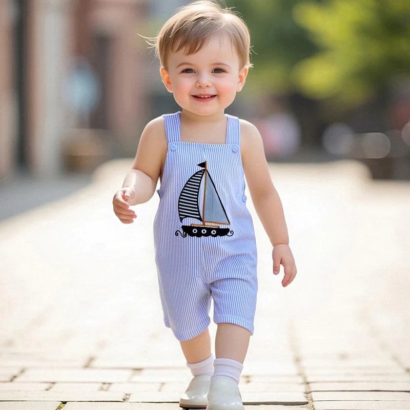 Baby Boys Sleeveless Romper with Nautical Sailboat Patch and Striped Overalls for Summer Beach Outings