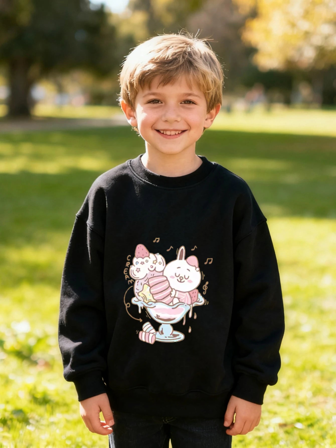 Children's Cotton Crewneck Sweatshirt Cream Ice Cream with Rabbit and Strawberry Design for Boys /Girls Soft Fleece Casual Wear