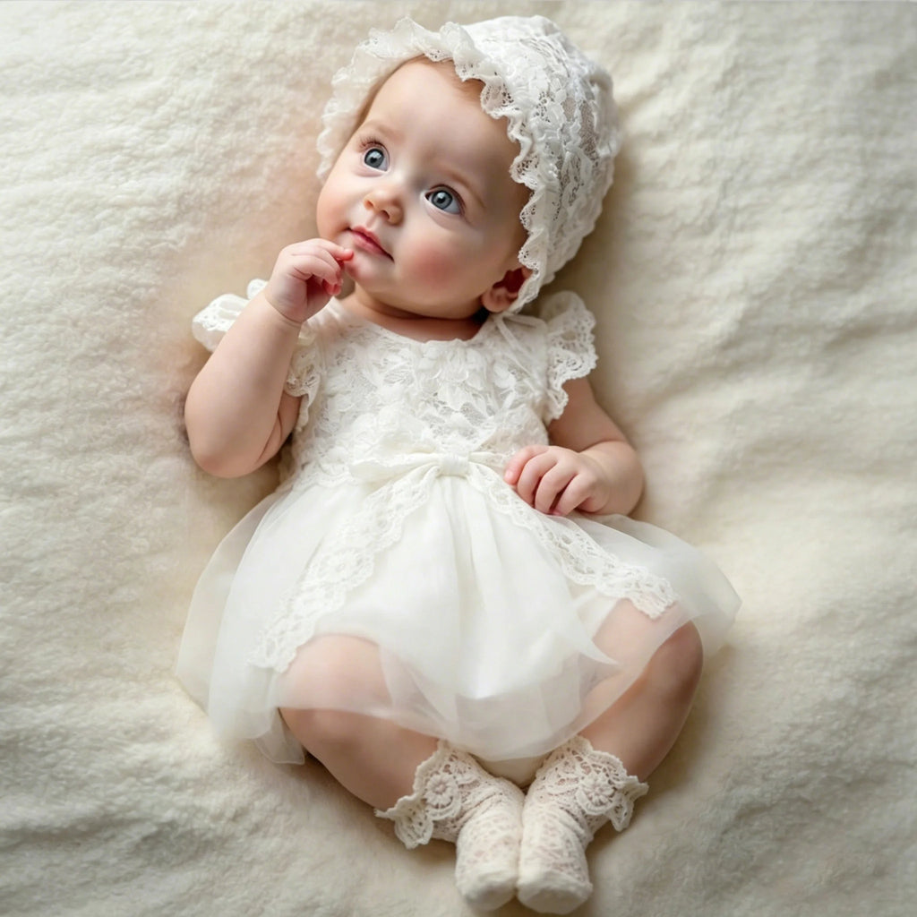 Newborn Photography  Princess Outfit BabyGirl White Lace Tulle Dress with Hat Newborn Infant Christening Gown Photo Shoot Outfit