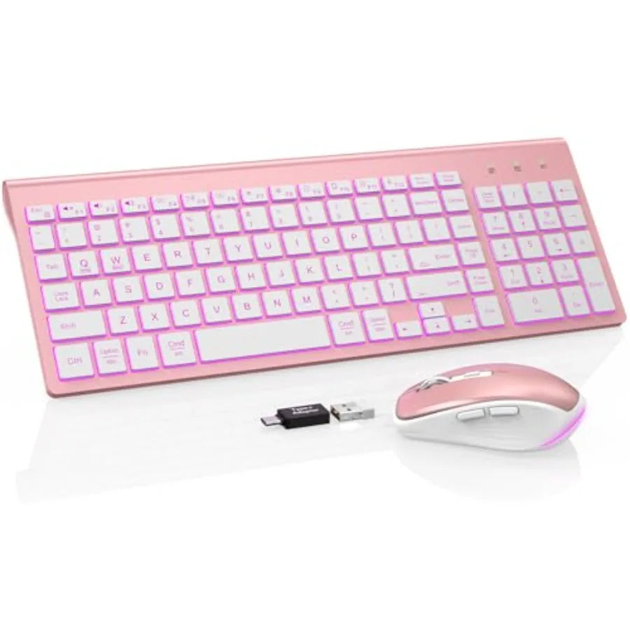 Wireless Keyboard and Mouse Combo Backlit - Compact Quiet Keyboard with RGB Mouse, Rechargeable, Slim, Sleep Mode, Portable Cor