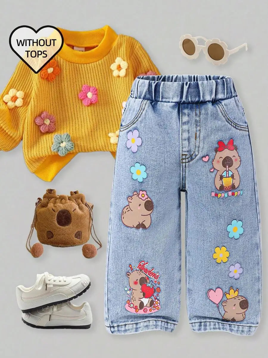 Toddler Girl Denim Pants with Crochet Flower Applique, Loose Fit Blue Jeans for Spring Fall