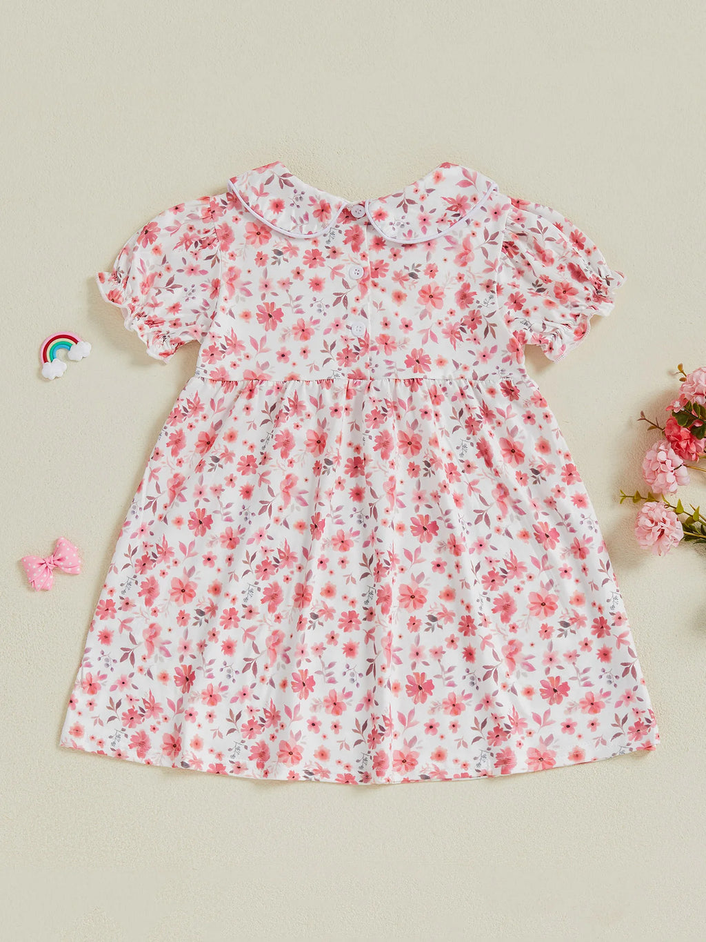 Toddler Girl Vintage Style Floral Print Dress with Embroidered Bow Detail and Puff Sleeves Perfect for Summer Parties and