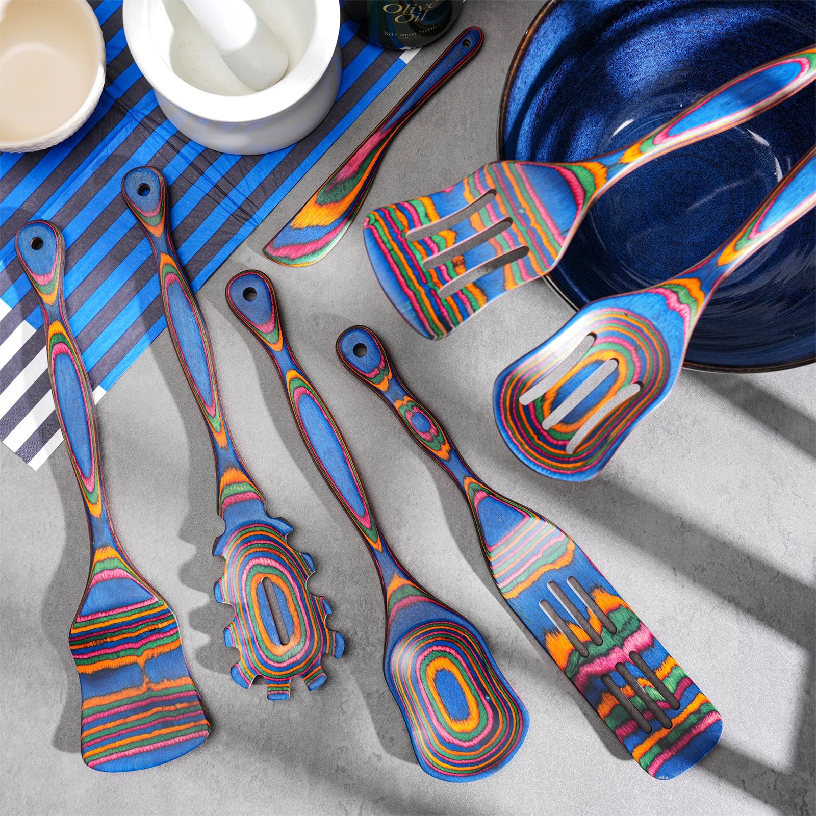 7Pcs Blue Pakkawood Wooden Cooking Utensils, Wooden Spoons For Cooking, Wooden Utensil Set.Pakkawood Utensils For Cooking.