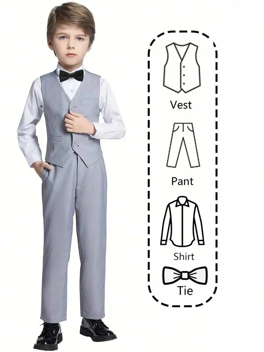 4-Piece Boys Formal Suit Set: White Shirt, Beige Vest & Pants, Black Bow Tie