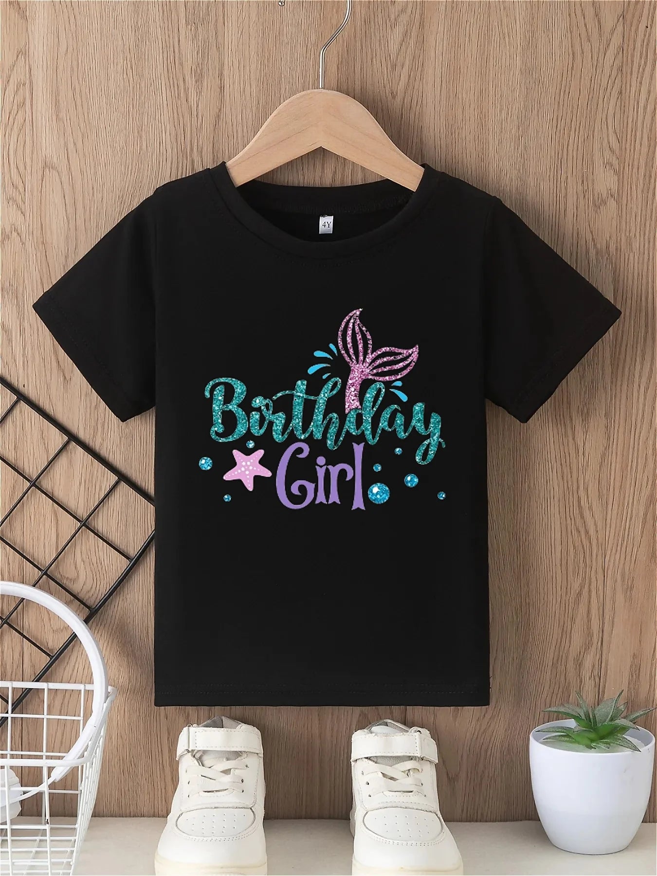 Girls' T-shirt birthday girl letter print star and fish tail pattern print loose and fashionable round neck short sleeved top