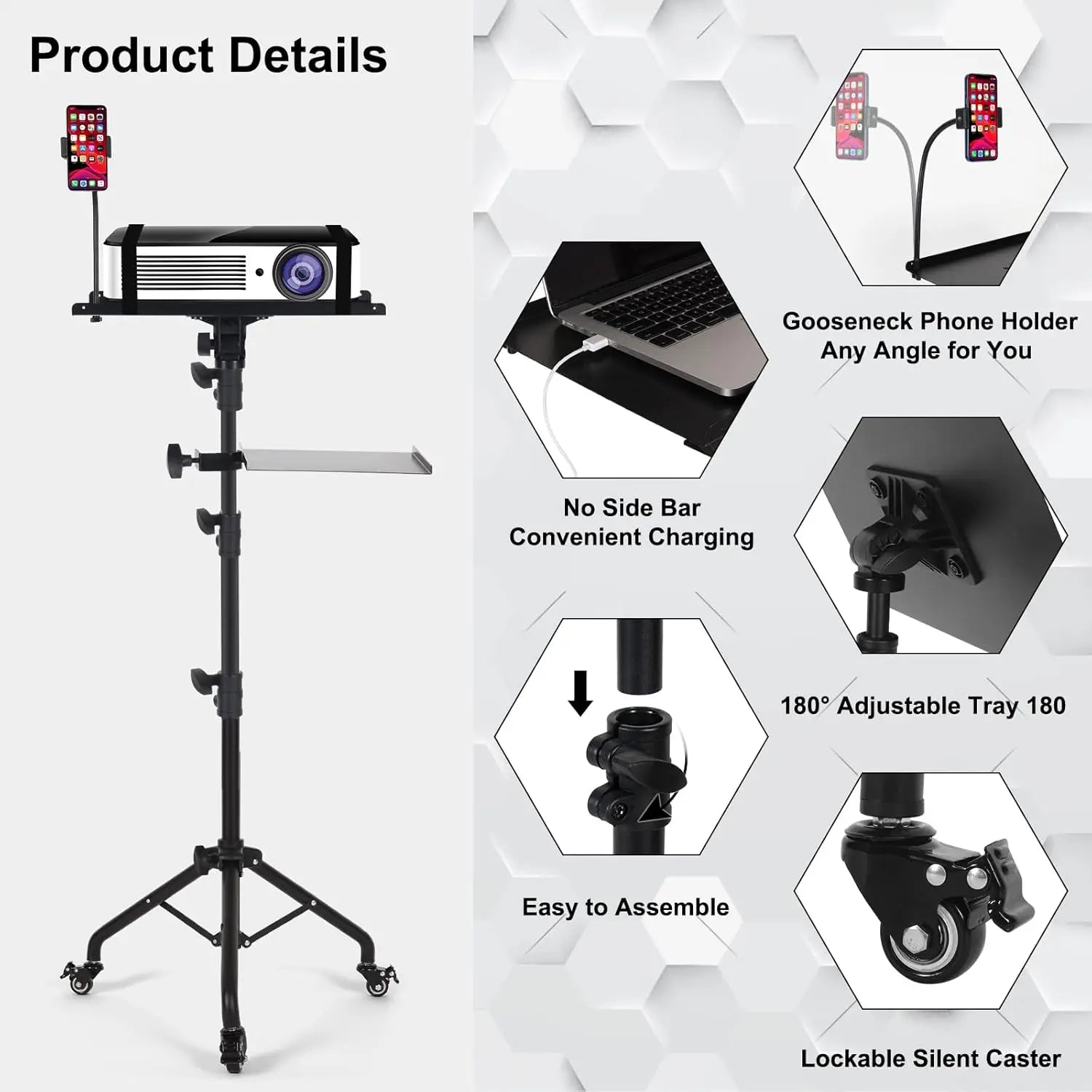 Adjustable Laptop Tripod Stand on Wheels with Phone Holder, Portable Projector Floor Stand 25.9 to 51.8 Inch