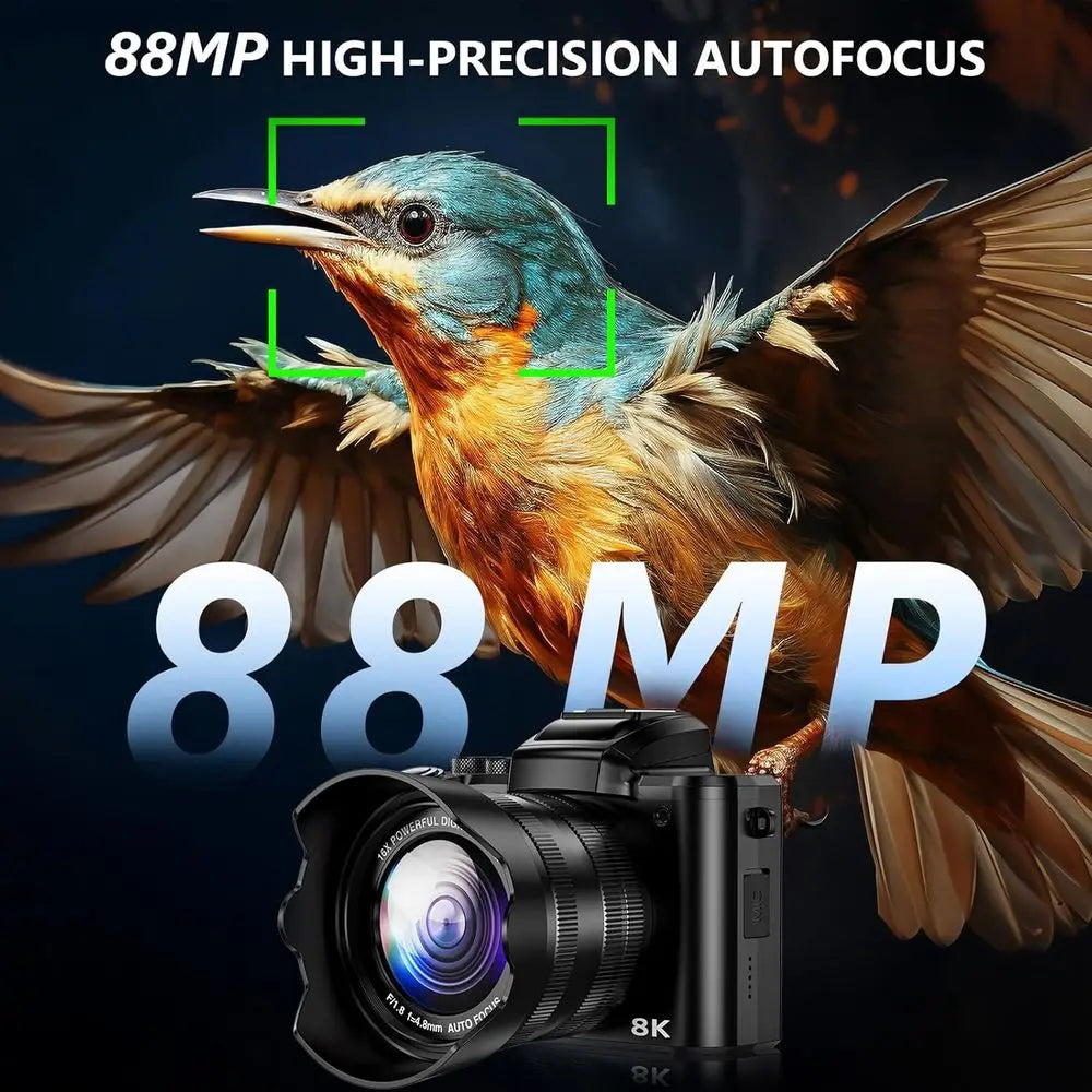 88MP Digital Camera with 3.2 Touchscreen, 16X Zoom, Dual Autofocus, Anti-Shake, 2 Batteries, 64GB Card, Flash, Lens Hood