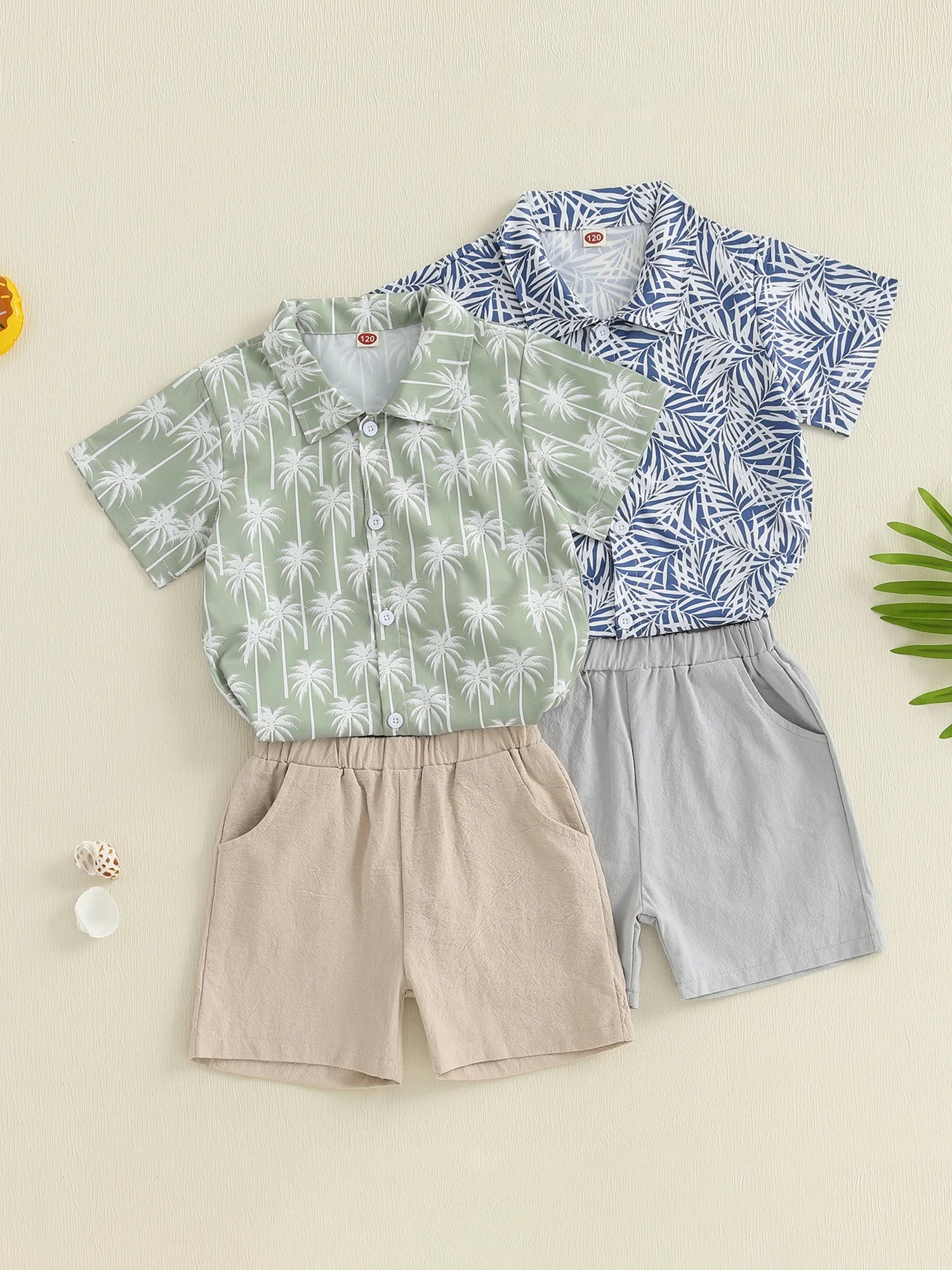 Boys Summer Outfit Set with Short Sleeve Lapel Tree Print Button Tops and Solid Color Shorts for a Stylish Look