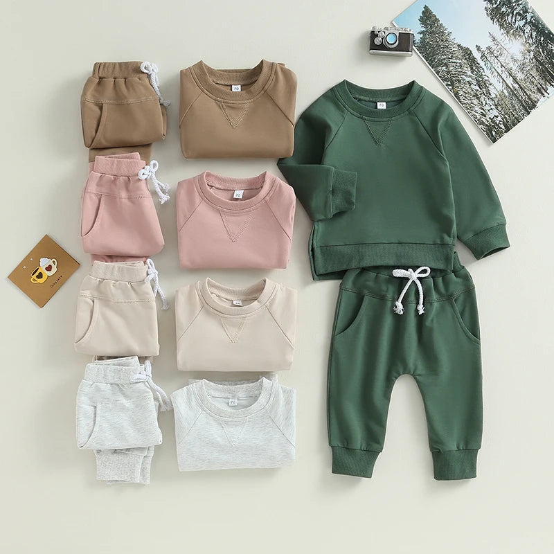 0-3Years Toddler Boys Girl 2Pcs Fall Outfits Solid Crew Neck Long Sleeve Sweatshirts Long Pants Clothes