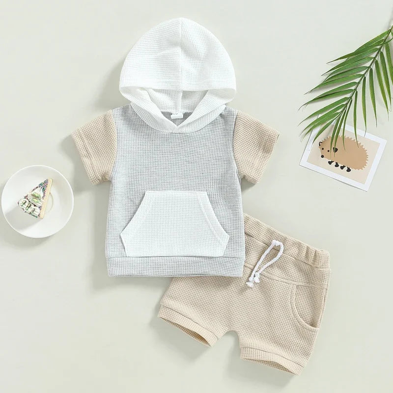 Toddler Baby 2Pcs Summer Outfits Short Sleeve Waffle Knit Pocket Hoodie Shorts Set