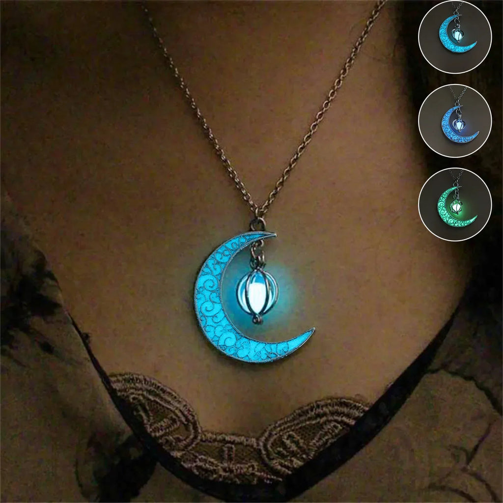 Womens Teen Girls Luminous Moon Necklace Moon Pendants Chain Choker Glow in The Dark Necklace Jewelry Gifts