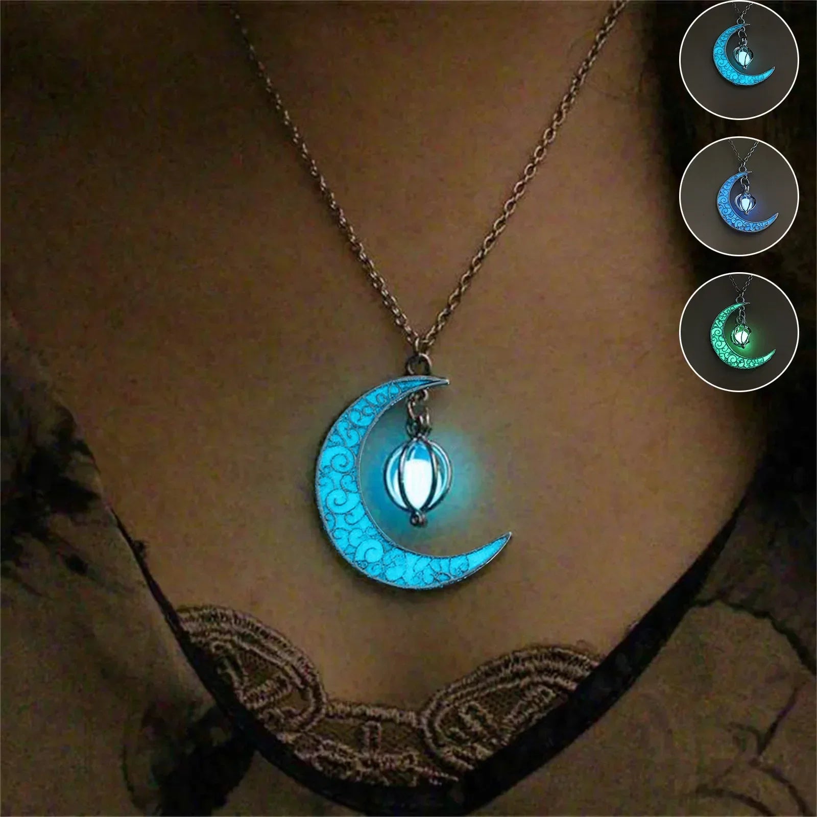 Womens Teen Girls Luminous Moon Necklace Moon Pendants Chain Choker Glow in The Dark Necklace Jewelry Gifts