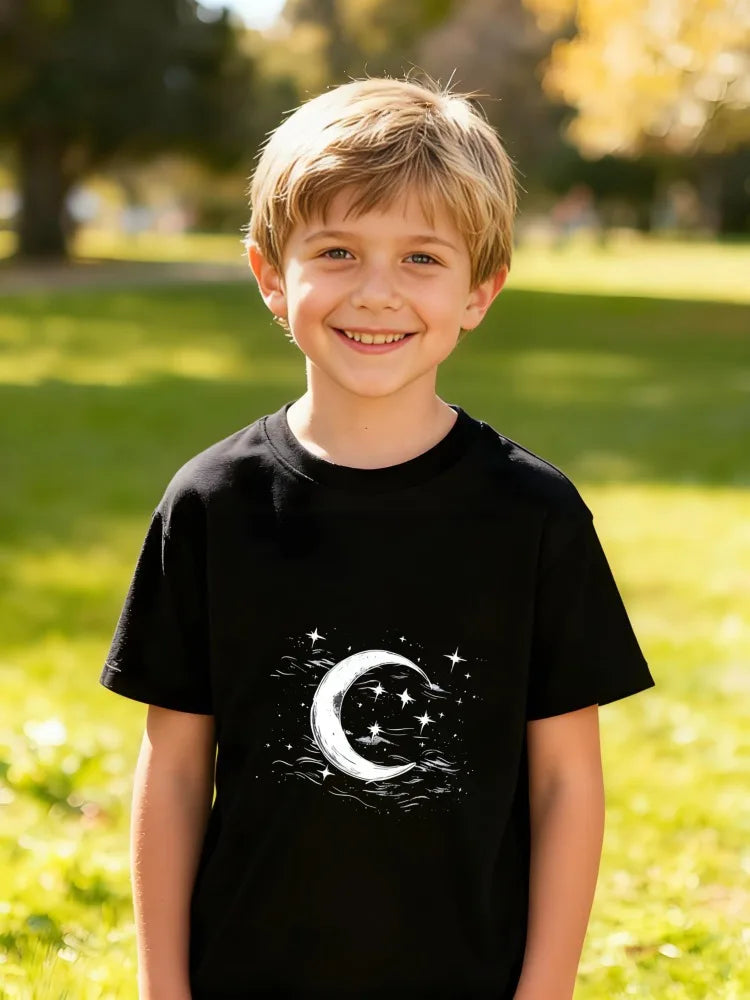 Kids Children's Cotton T-Shirt Crescent Moon with Starry Night Sky Texture for Boys Girls Dreamy Celestial Theme Outfit