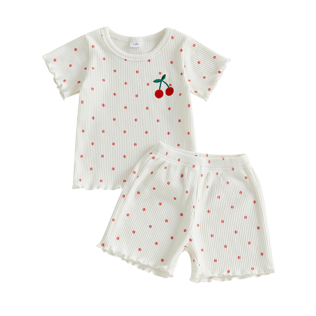 Summer Kids Girls Outfits Cherry Embroidery Short Sleeve Tops Shorts Clothes Set
