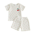 Summer Kids Girls Outfits Cherry Embroidery Short Sleeve Tops Shorts Clothes Set