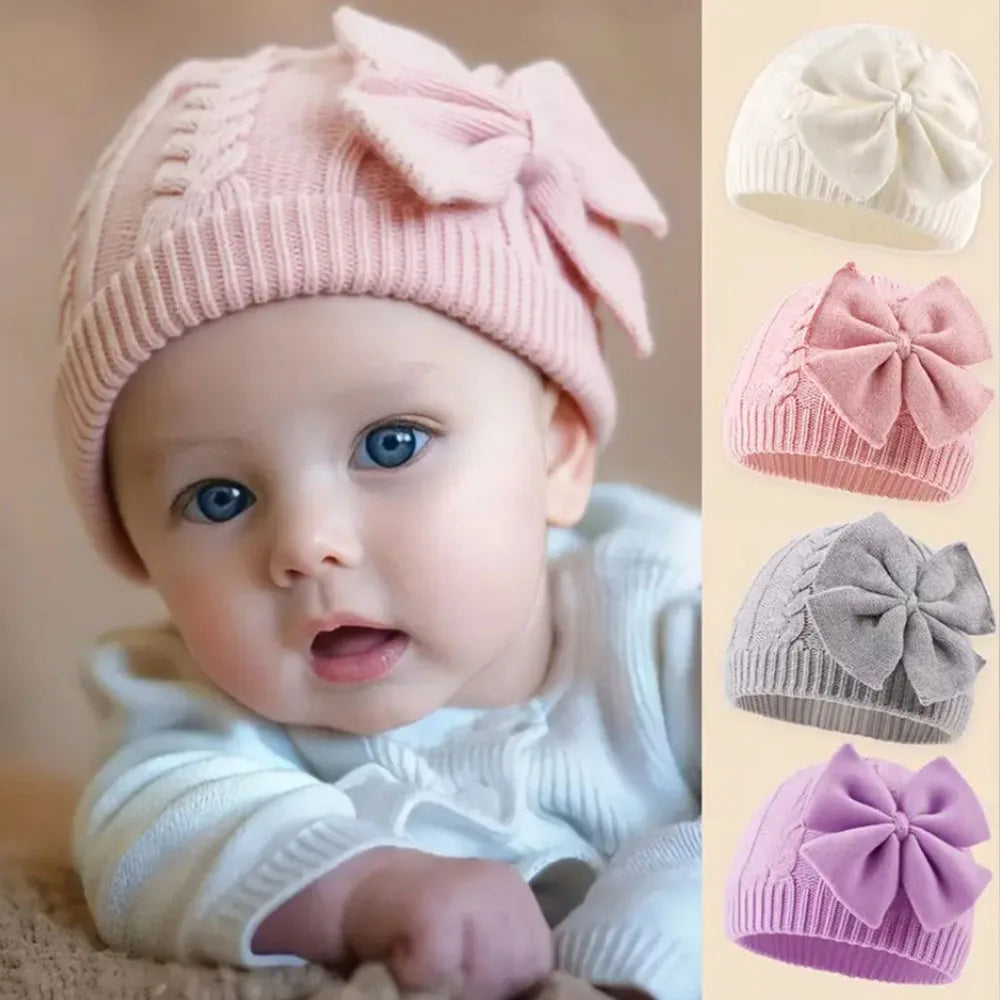 0-2Y Baby Knit Hat with Large Bow Soft Stretchy Winter Hat for Girls & Boys Lightweight Warm Beanie for Christmas, Thanksgiving