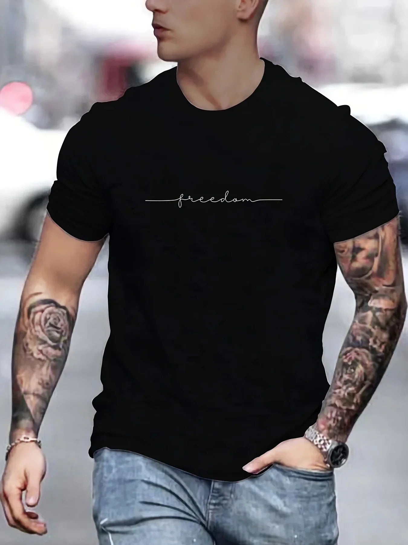 Men's Summer Loose Size 100% Cotton Freedom Graph Print Casual Slim Fit Round Neck T-shirt