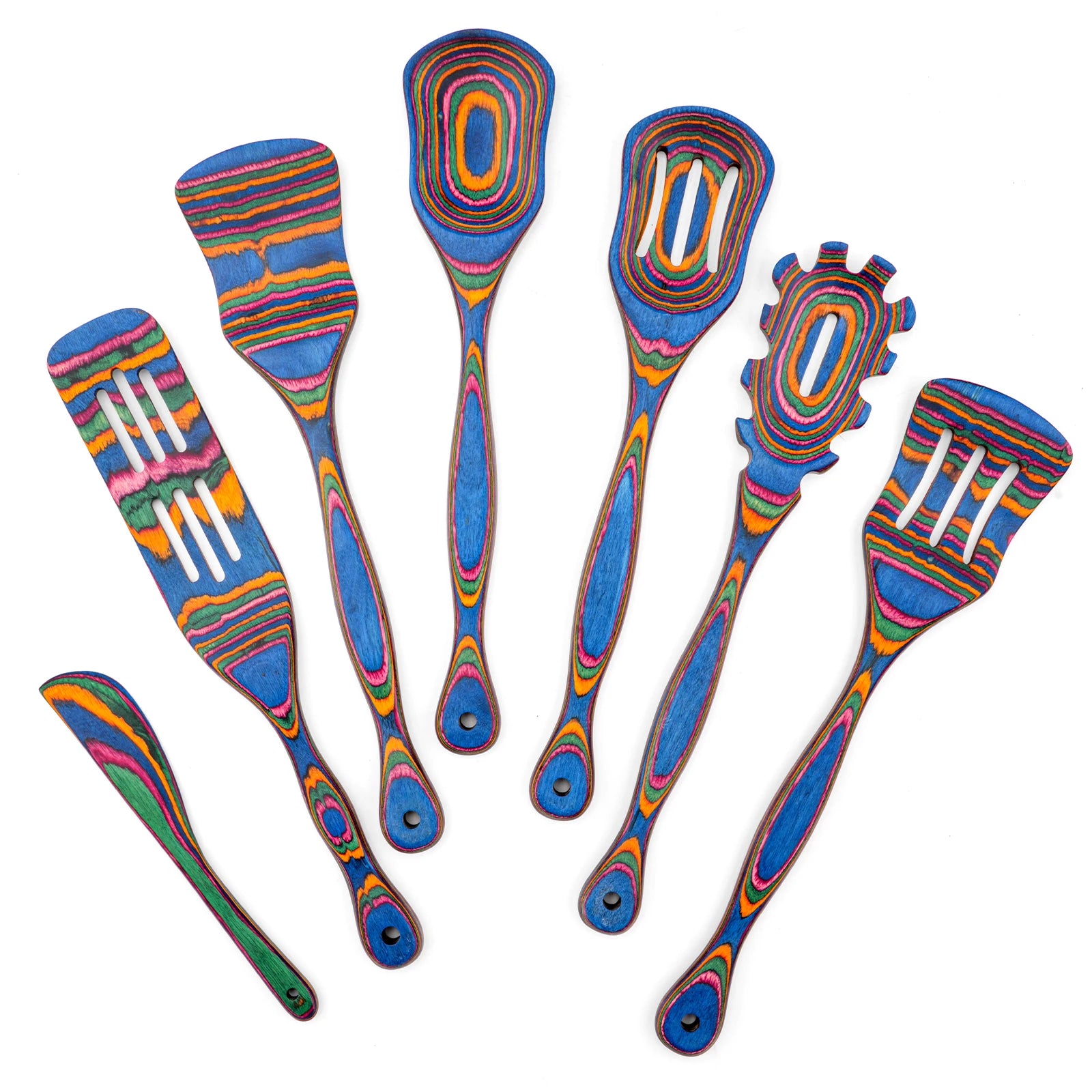 7Pcs Blue Pakkawood Wooden Cooking Utensils, Wooden Spoons For Cooking, Wooden Utensil Set.Pakkawood Utensils For Cooking.