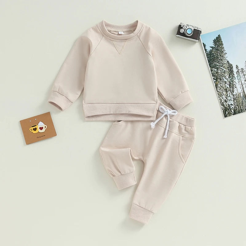 0-3Years Toddler Boys Girl 2Pcs Fall Outfits Solid Crew Neck Long Sleeve Sweatshirts Long Pants Clothes