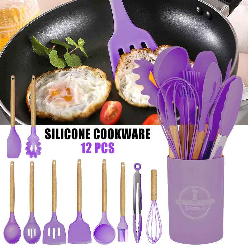 12pcs Silicone Kitchenware Cooking Utensils Set Non Stick Cookware with Storage Bucket