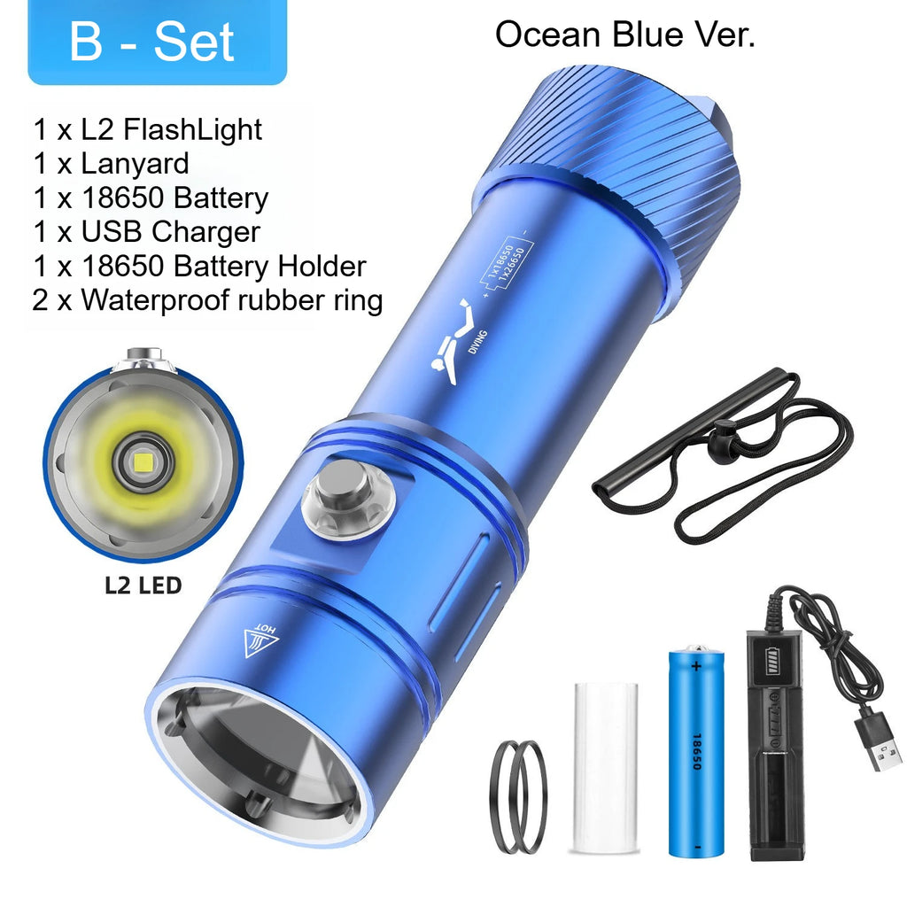 Professional diving L2-2000LM LED diving flashlight super bright IPX8 waterproof flashlight underwater 200M fishing flashlight