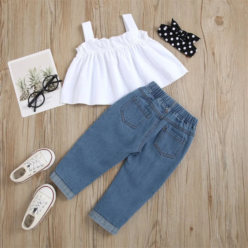 01-26  Girls Summer 2PCS Pants Sets White Sleeveless Cami Tops Blue Ripped Denim Pants Sets