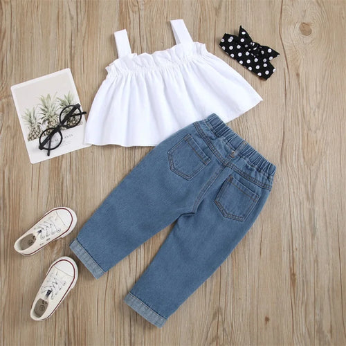01-26  Girls Summer 2PCS Pants Sets White Sleeveless Cami Tops Blue Ripped Denim Pants Sets