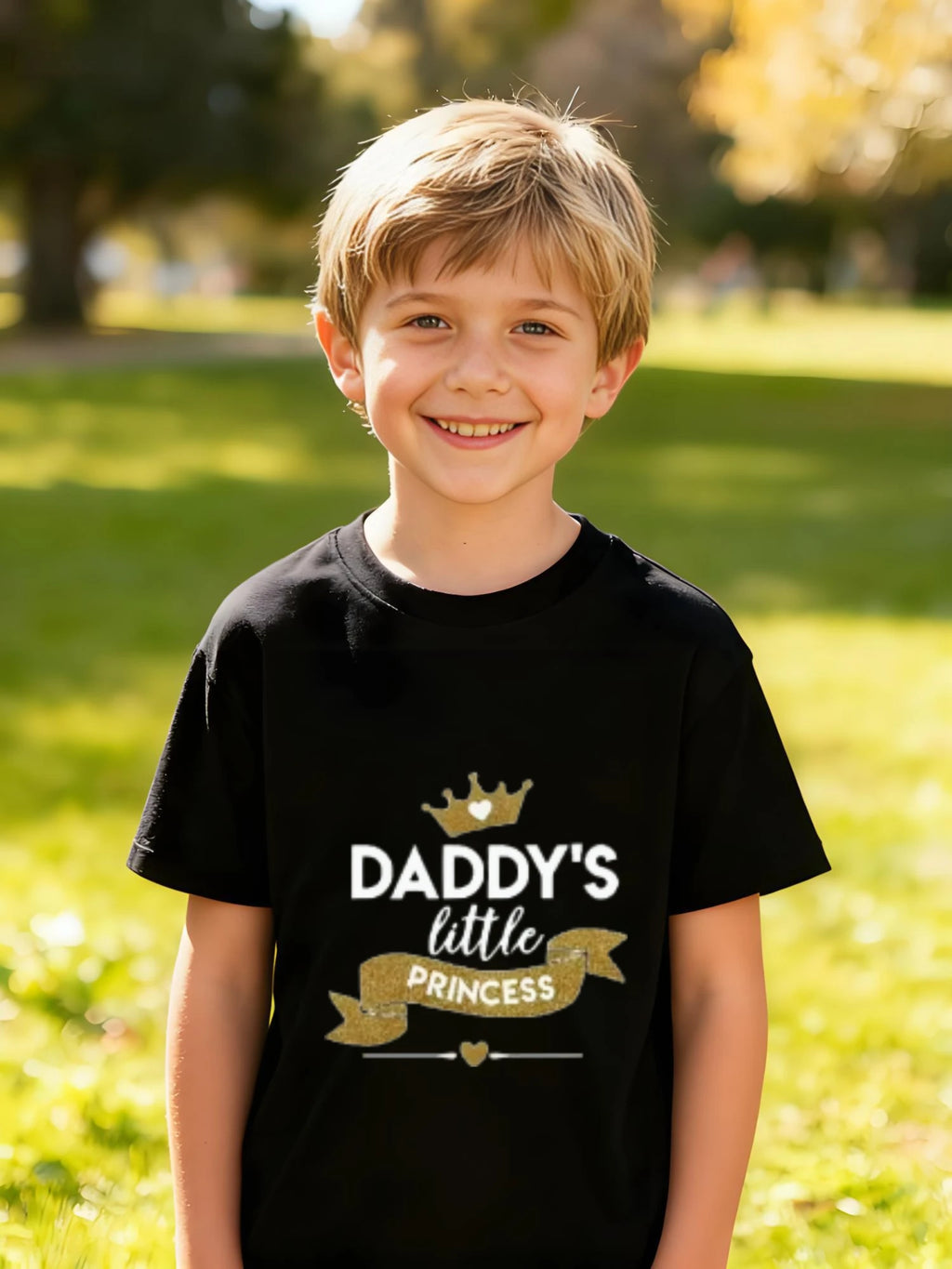 Kids Children's Cotton T-Shirt DADDY'S LITTLE PRINCESS with Crown and Ribbon Design for Boys Girls Family Love Theme