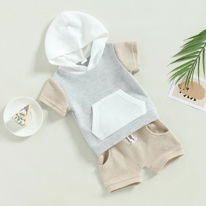 Toddler Baby 2Pcs Summer Outfits Short Sleeve Waffle Knit Pocket Hoodie Shorts Set