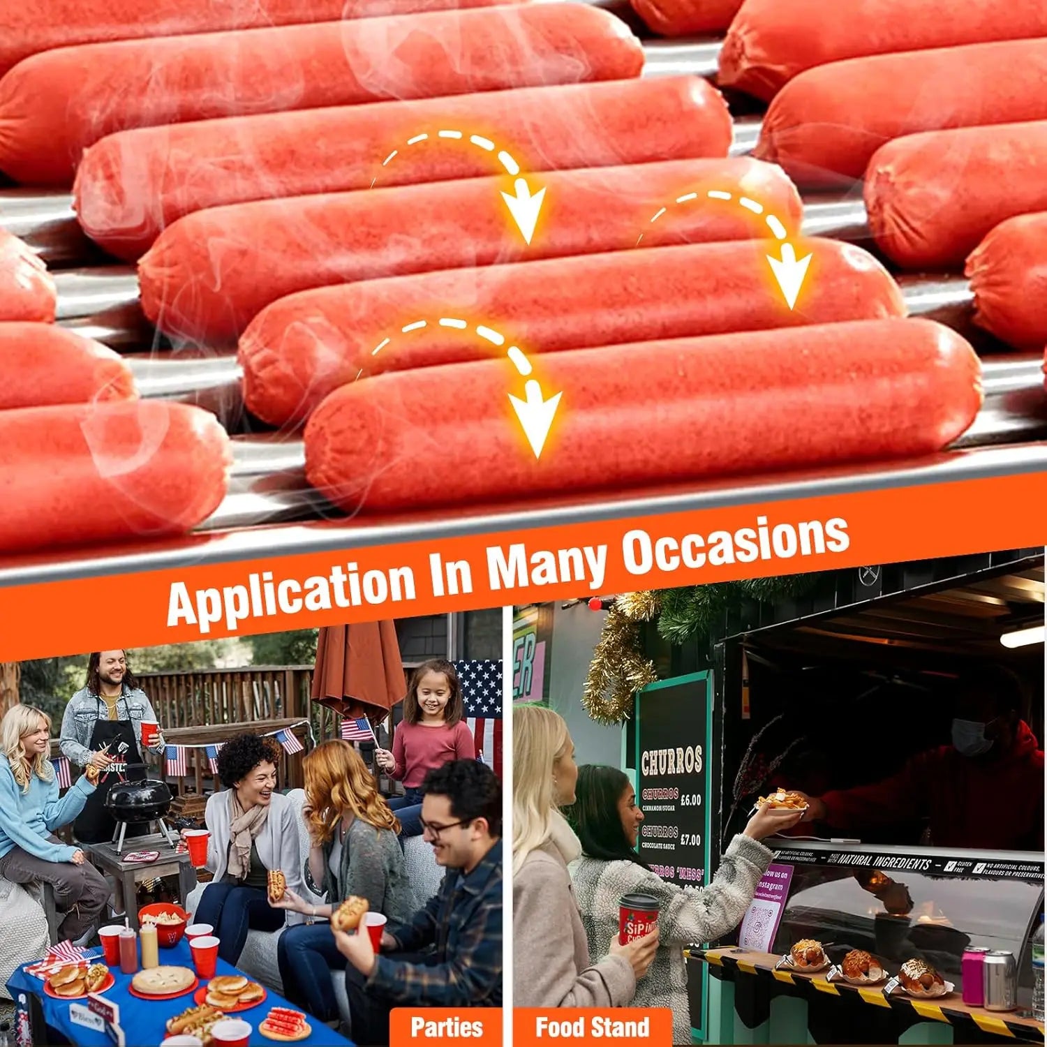 9 Roller Sausage Grill Cooker Machine With Bun Warmer Shelf, Electric 24 Hot Dog Capacity 1650W Hot Dog Roller Dual Temp Control