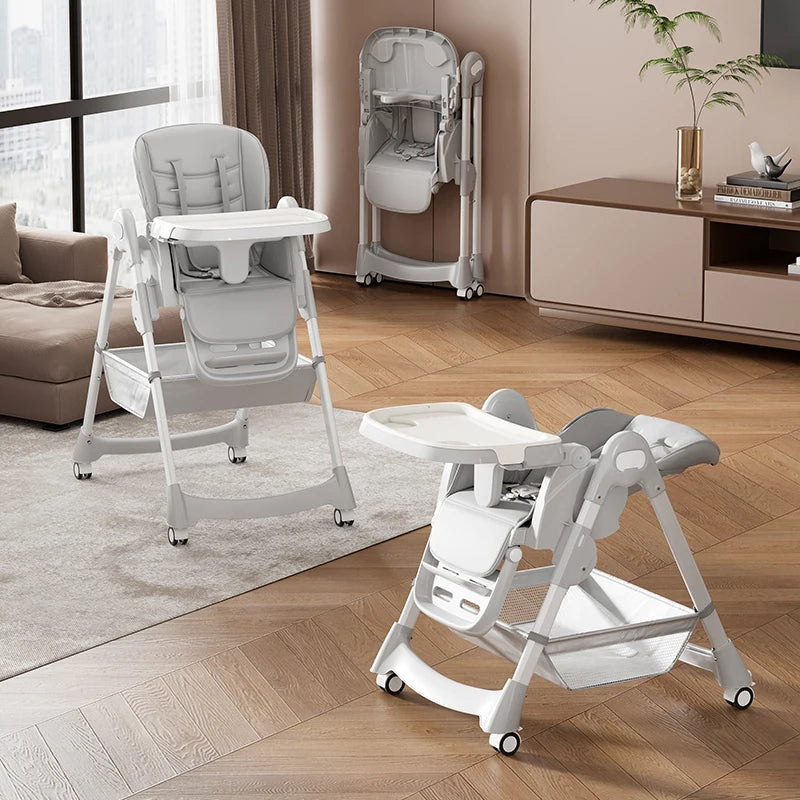 Foldable High Chair for Babies & Toddlers, PU Leather Highchair with Adjustable Backrest, 5-Point Safety Harness & Locking Wheel