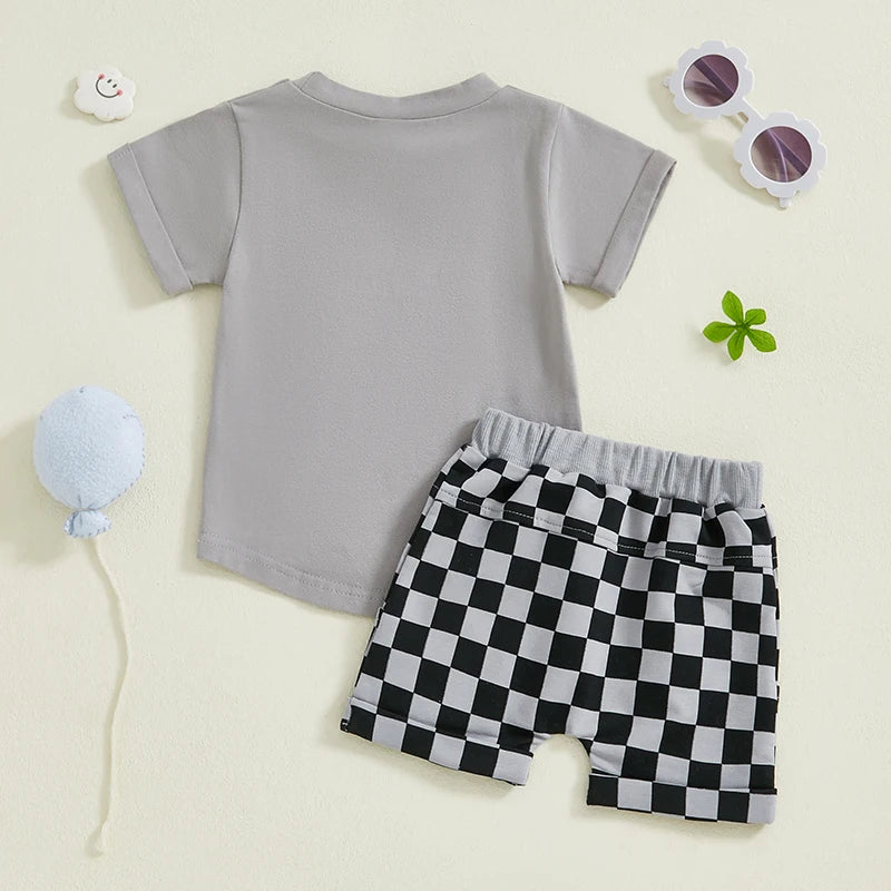 Toddler Baby Boy Summer Outfits Solid Color Short Sleeve T-shirt Checkered Shorts 2Pcs Set