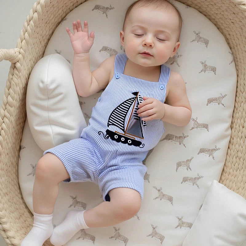 Baby Boys Sleeveless Romper with Nautical Sailboat Patch and Striped Overalls for Summer Beach Outings
