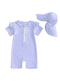 Adorable Infant Girls Bathing Suit with Matching Sun Hat 2 Piece Ensemble Featuring Striped Ruffles and Zip-Up Closure