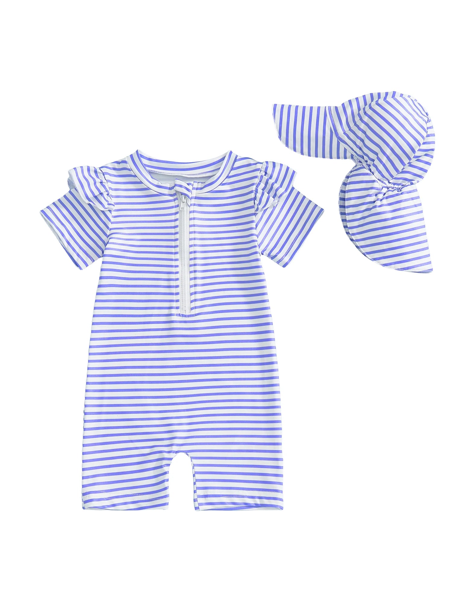 Adorable Infant Girls Bathing Suit with Matching Sun Hat 2 Piece Ensemble Featuring Striped Ruffles and Zip-Up Closure