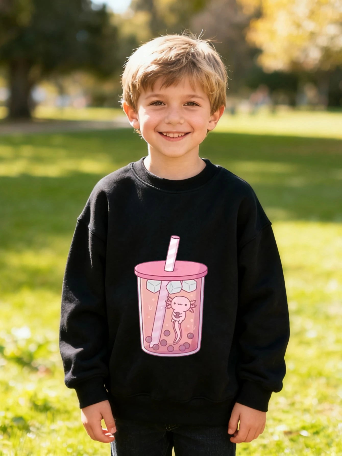 Children's Kids Cotton Bubble Tea in Cup Graphic Sweatshirt with Pearl Details for Boys Girls Sweet Theme Wear
