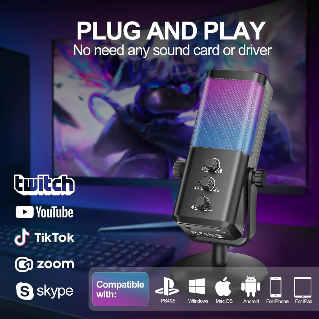 Gaming Microphone with Game Voice Balance & Noise Cancellation, Studio USB Computer Condenser Mic for Streaming/Recording/Disc