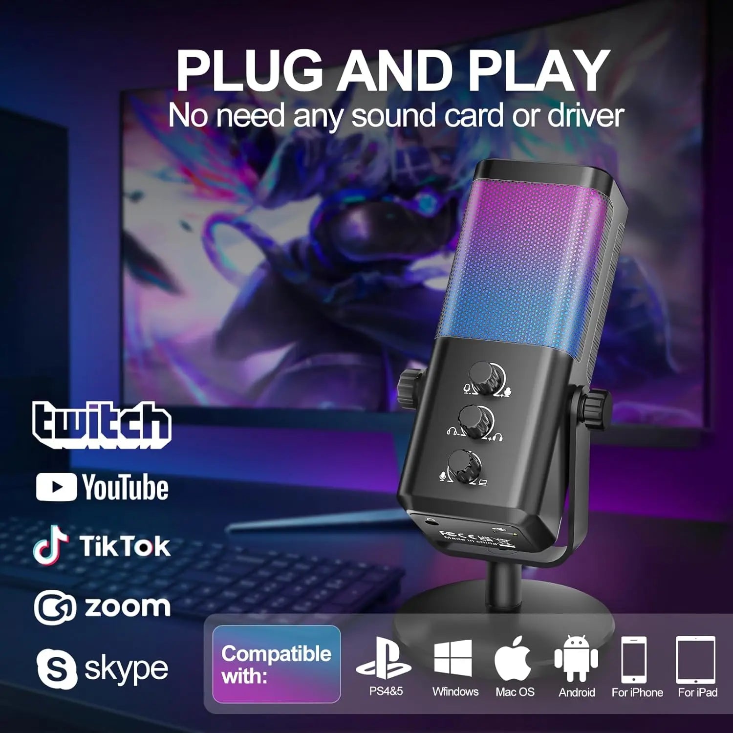 Gaming Microphone with Game Voice Balance & Noise Cancellation, Studio USB Computer Condenser Mic for Streaming/Recording/Disc