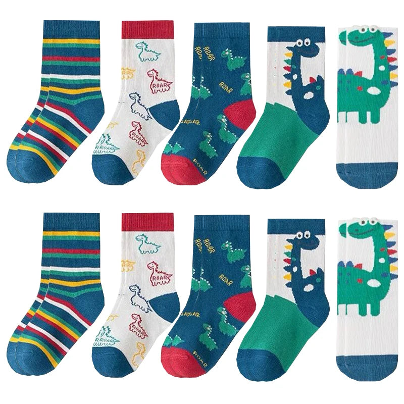 10 Pairs Boys Dinosaur Socks Children Baby Toddler Sport Socks School Students Spring Autumn Soft Kids Fashion Mid Tube Socks
