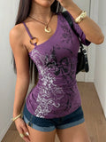 Purple Asymmetric Neck Graphic Tee with Ring Detail, Pleated Fit, Punk Streetwear Style
