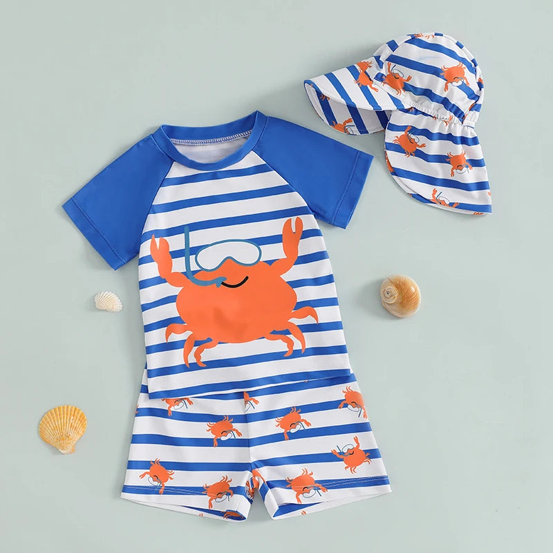 Boys Ocean Adventure Rash Guard Swim Set Tropical Fish Print Short Sleeve T-shirt with Board Shorts and Sun Hat Swimwear