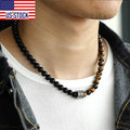 Natural Tiger Eyes Stone Bead Necklace for Men Women Stainless Steel Charm Black Glass Bead Necklace Toggle Clasp