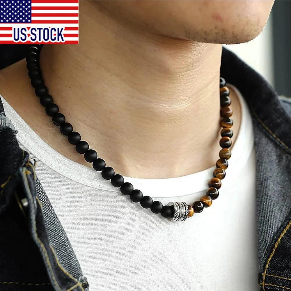 Natural Tiger Eyes Stone Bead Necklace for Men Women Stainless Steel Charm Black Glass Bead Necklace Toggle Clasp