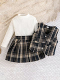 Stylish Toddler Girls 3-Piece Outfit featuring Ribbed Tops Plaid Skirt and Button Down Vest for a Fashionable Look