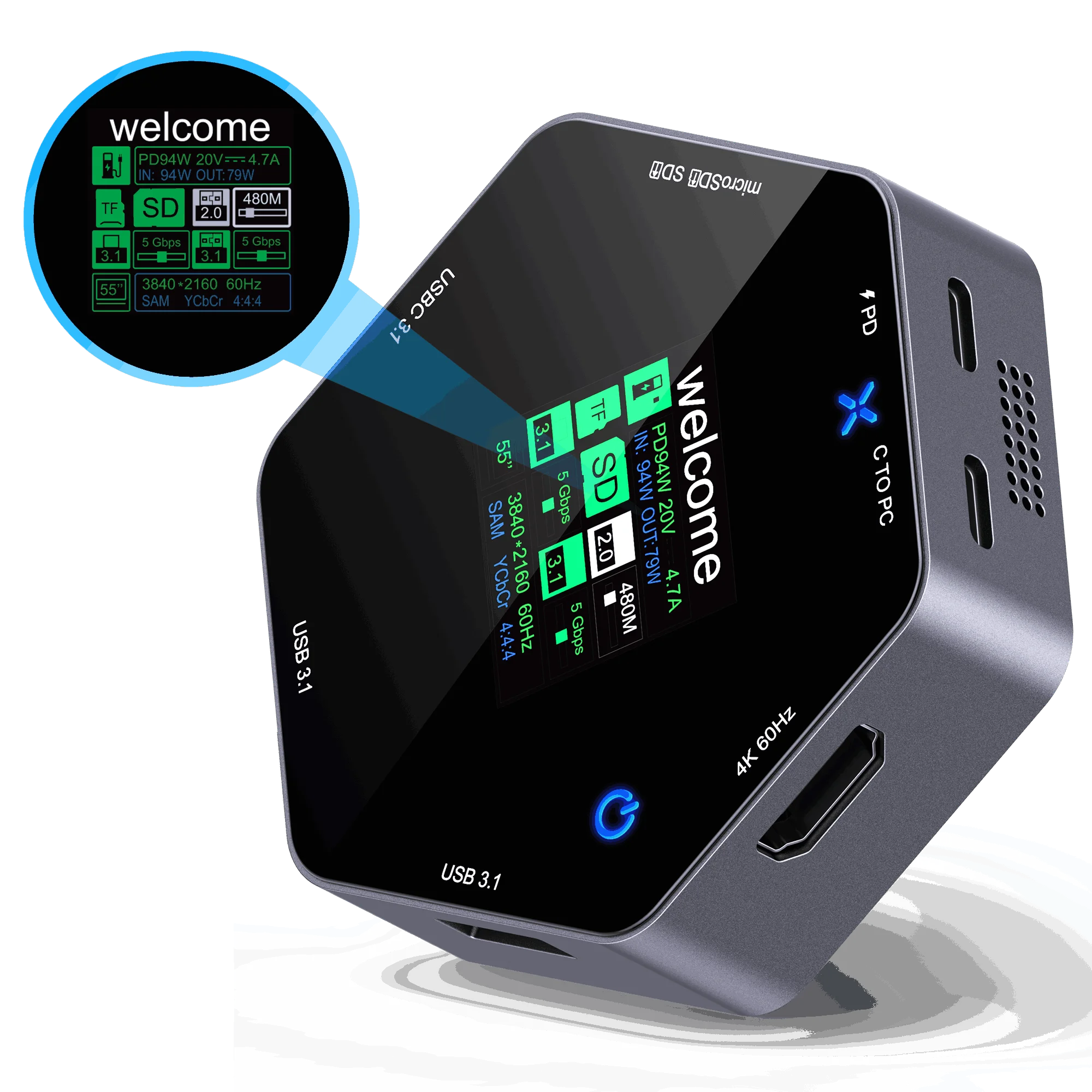 CoolFish USB HUB Docking Station Type-C Smart Display 4K 60 hdtv 8 in 1 Multi Port Hub Splitter PD Charging USB Extender