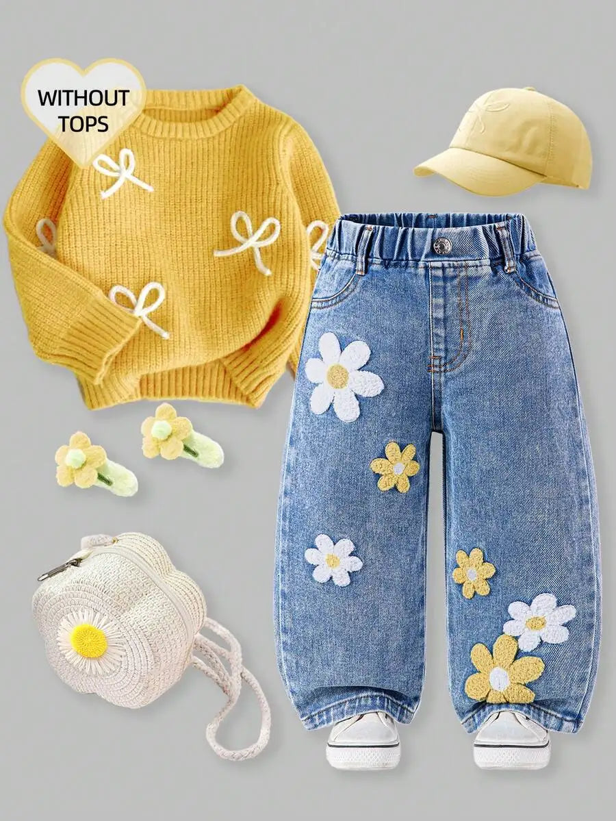 Toddler Girl Denim Pants with Crochet Flower Applique, Loose Fit Blue Jeans for Spring Fall