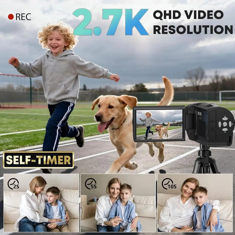 QHD 2.7K Video Camcorder with 56MP, 16X Zoom, 270° Rotation, 32GB SD Card, Dual Batteries, Recording While Charging