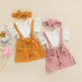 Infant Baby Girls Outfit Sets White Flying Sleeve Ribbed Romper + Solid Suspender Skirt + Headband Clothes